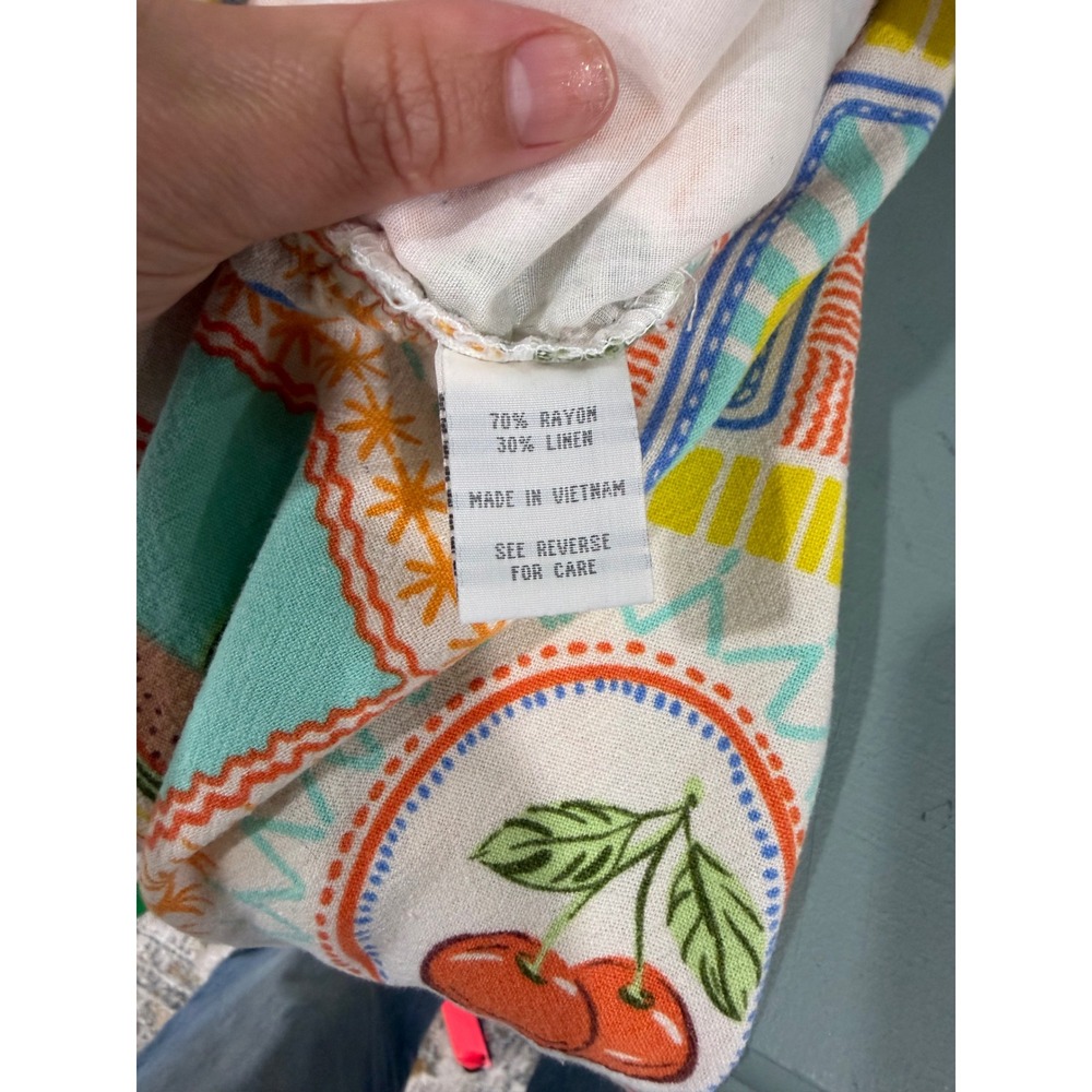 Cali 1850 Fruit Stamp Print Linen Blend Wide Leg Pants Tropical Multi Color Sz M - Picture 7 of 8